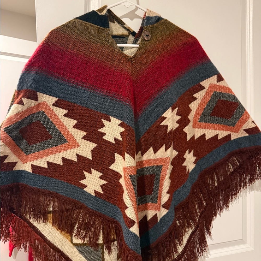 Boho Southwestern Fringe Poncho - Multicolor